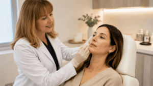 Doctora explicando un tratamiento con ácido hialurónico en consulta de medicina estética en Barcelona