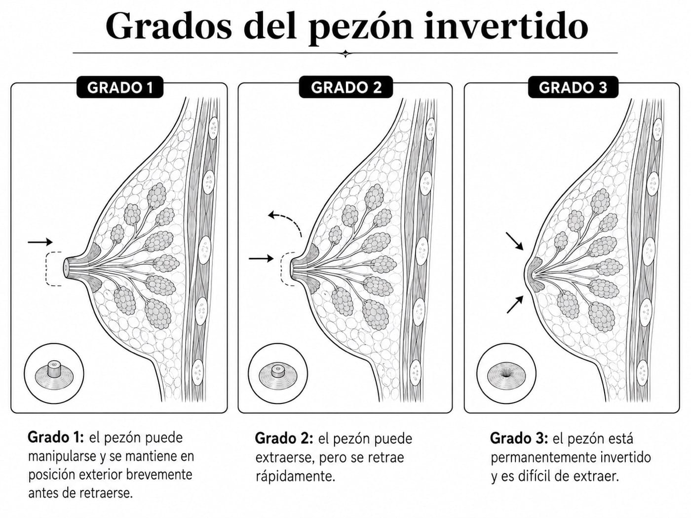 Grados del pezón invertido I, II y III