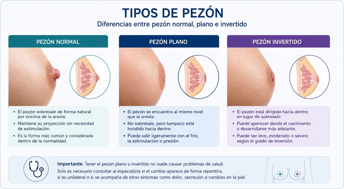 Diferencias entre pezón normal, pezón plano y pezón invertido